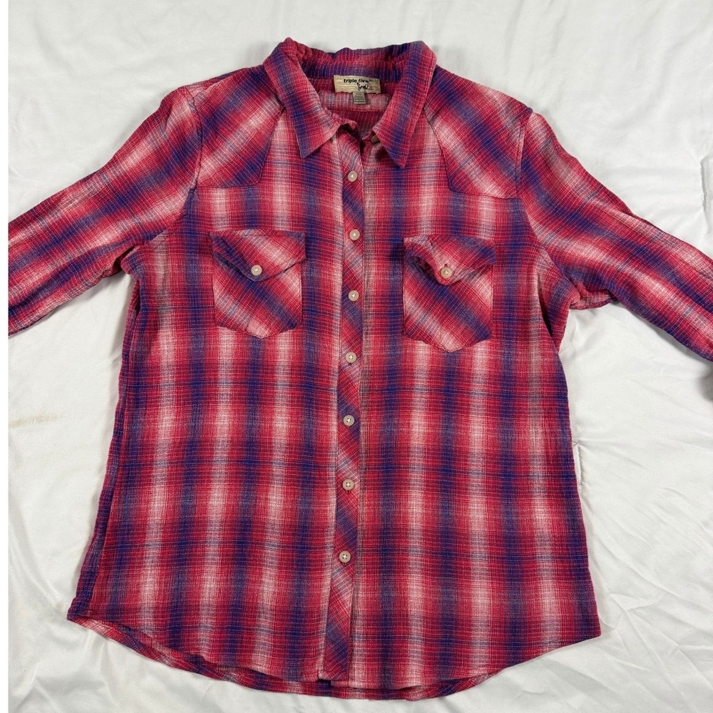 Triple‎ Five Soul XL Red Purple Plaid Flannel Shirt 90s Streetwear Grunge